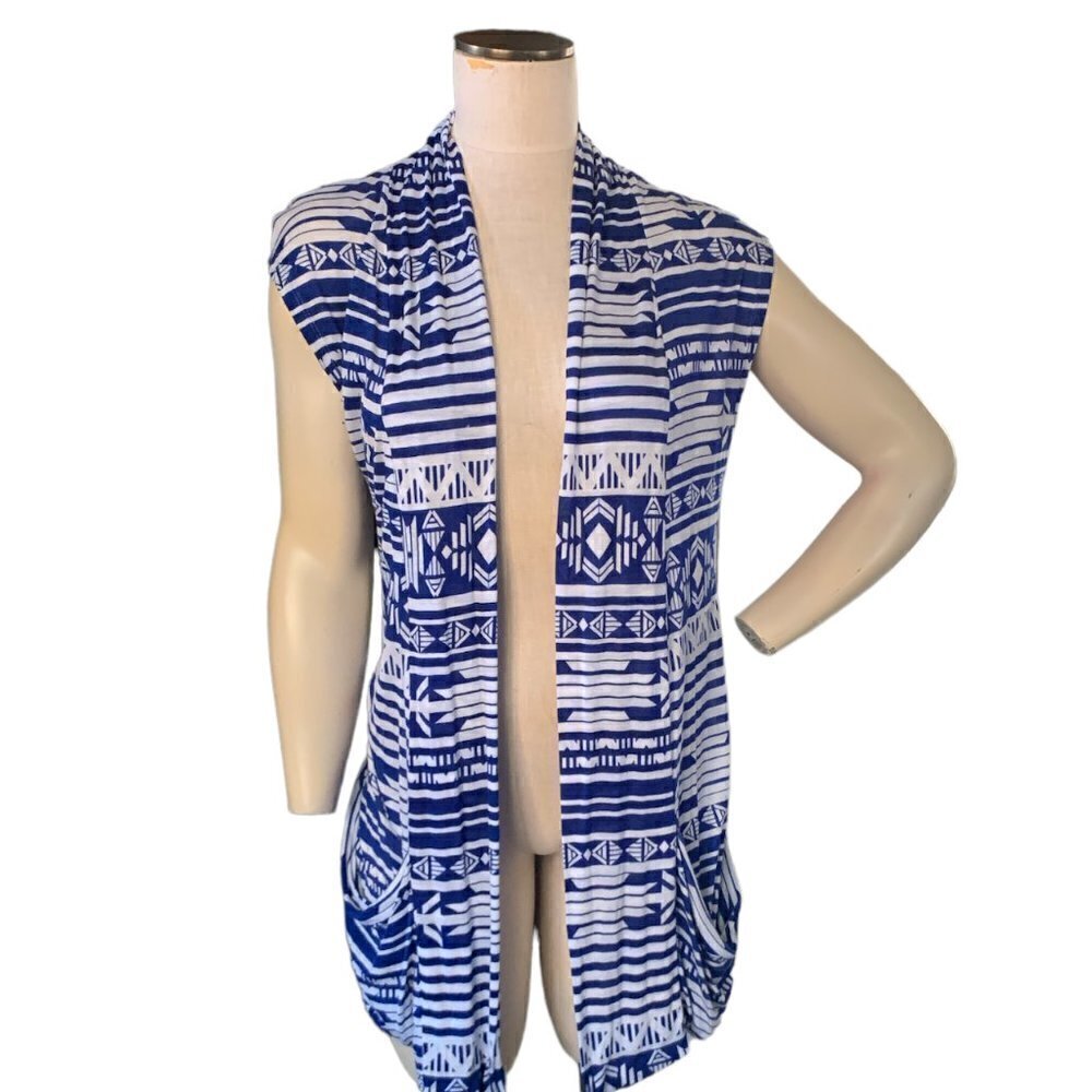 Derek Heart M Lightweight Vest Cardigan Blue White Aztec Tribal Pockets 109C